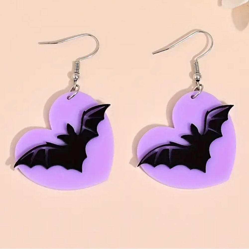 Lavender Heart Bat Acrylic Earrings Pastel Goth Halloween Spooky Cute
